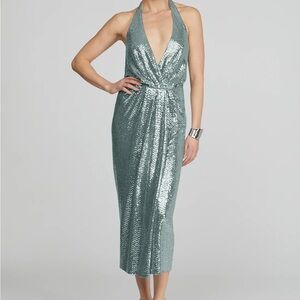 Halston Leonie Disco Jersey Midi Dress Sequin Backless V-Neck Size 4